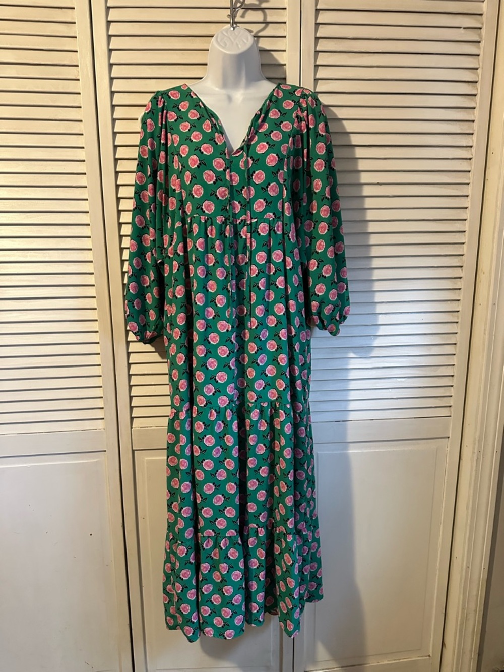 Green Floral Maxi Dress with Pink Rose Print